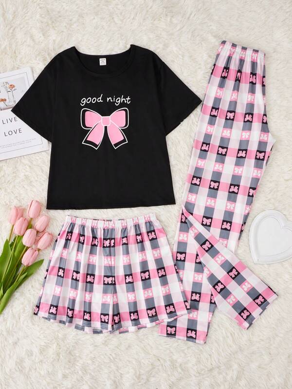 Teen Girl Bow & Letter Graphic Tee & Plaid Print Shorts & Pants PJ Set Holiday Travel Releax Summer Clothes
