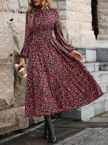 SHEIN LUNE Leopard Print Lantern Sleeve Dress - Hot Pink - View 5