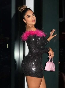 SHEIN SXY 一字肩毛茸邊亮片緊身洋裝