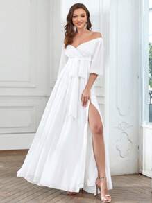 Off Shoulder Knot Side Split Thigh Chiffon Wedding Dress - White - View 3