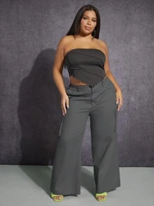 SHEIN SXY 大碼側翻蓋口袋闊腿褲 - 灰色 - 查看 6