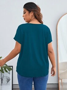 SHEIN Essnce Plus Solid Batwing Sleeve V Neck Tee - Teal Blue - View 2