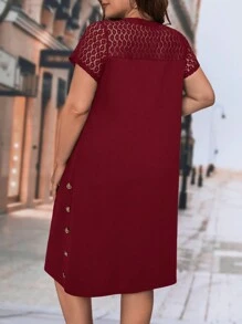 SHEIN Clasi Hơn Ren tương phản Chi tiết Nút Đầm - Màu Đỏ Sâu - Xem 2