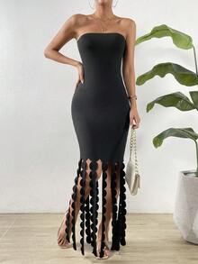 Allurite Fringe Hem Đầm bó sát ống - màu đen - Xem 5