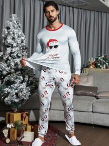 男士聖誕圖案拼接邊T恤和褲子睡衣套裝適用於聖誕 - 白色 - 查看 1