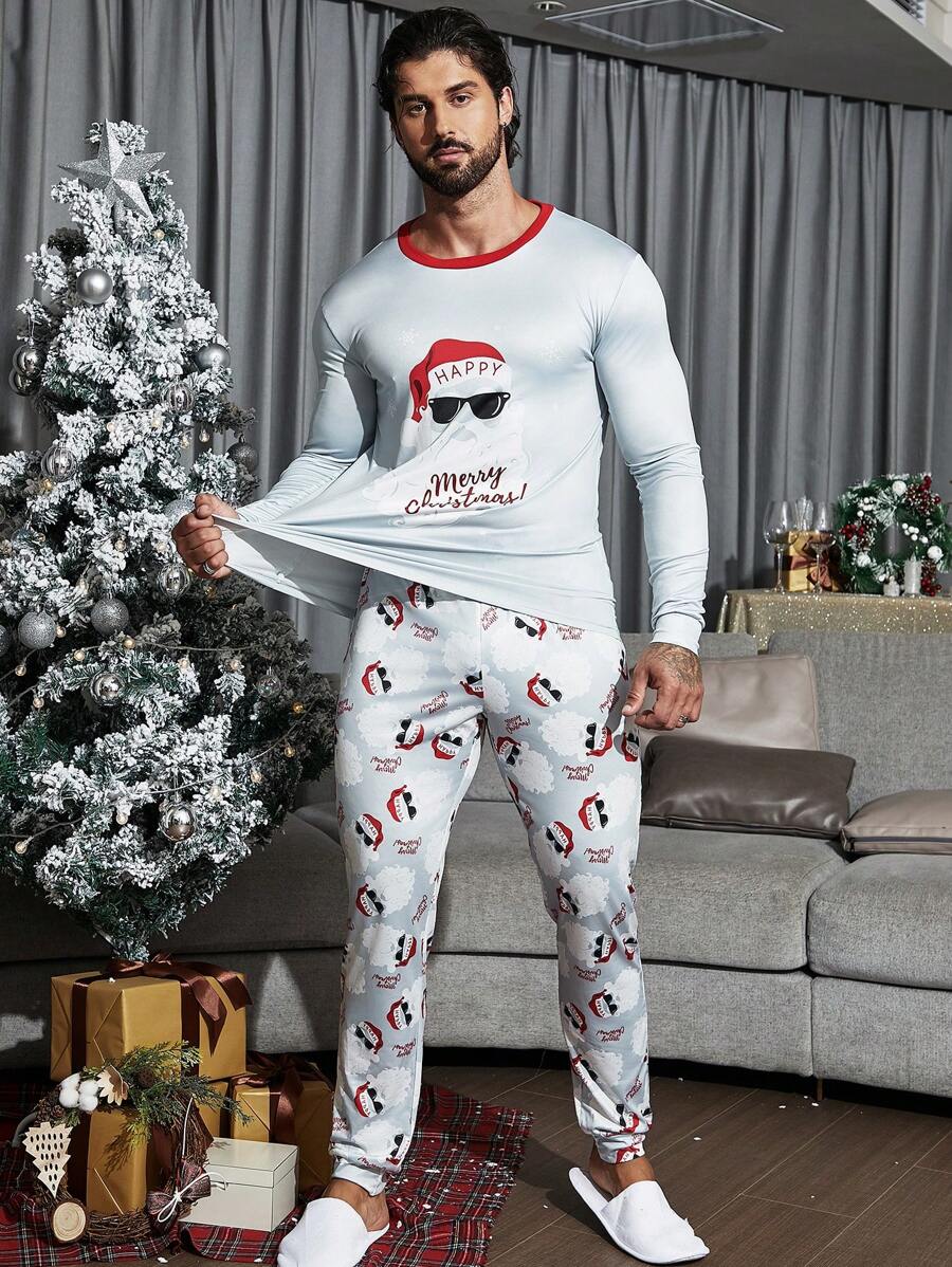 男士聖誕圖案拼接邊T恤和褲子睡衣套裝適用於聖誕 - 白色 - 查看 1