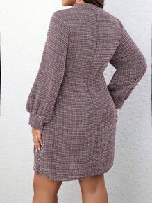 SHEIN Unity Plus Mock Neck Lantern Sleeve Tweed Dress - Red - View 2