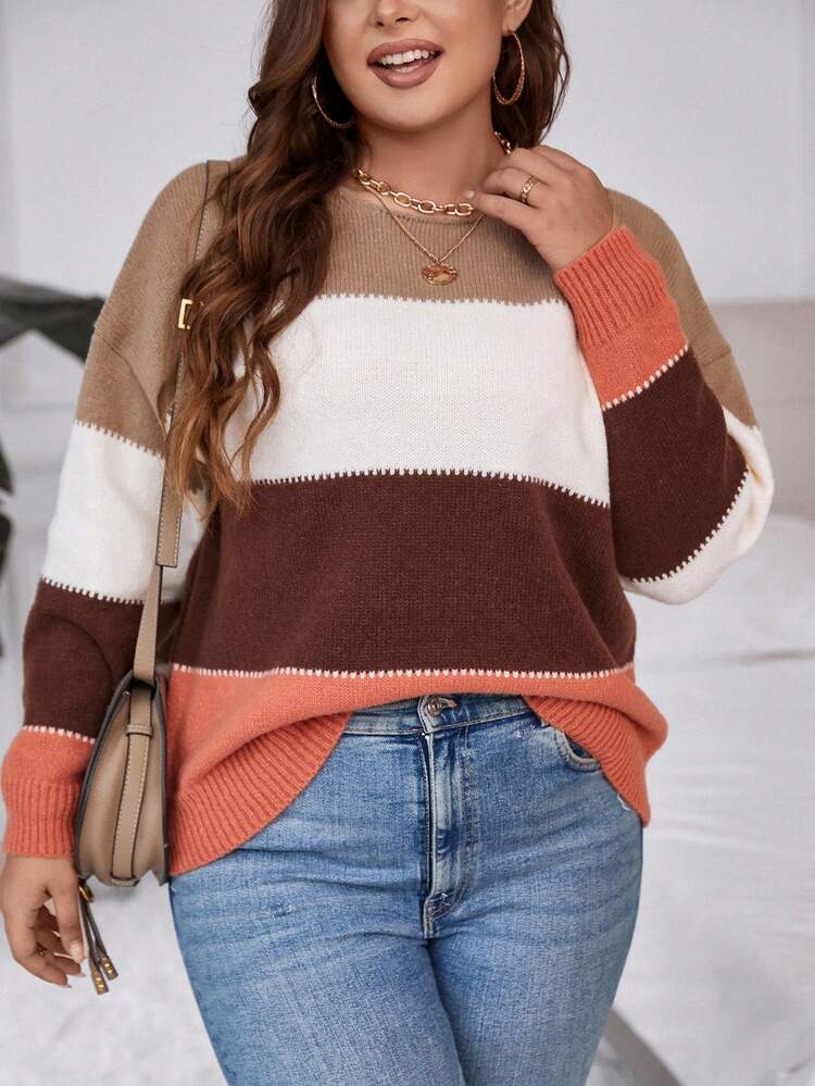Plus Color Block Drop Shoulder Sweater
