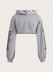 SHEIN EZwear 字母圖案落肩袖短款連帽衫 - 灰色 - 查看 1