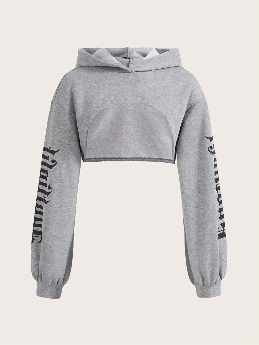SHEIN EZwear 字母圖案落肩袖短款連帽衫 - 灰色 - 查看 1