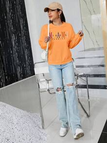 SHEIN Unity 字母刺繡落肩袖運動衫 - 橘色 - 查看 3