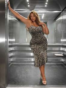 SHEIN SXY Plus Zebra Striped Ruffle Hem Cami Dress - Multicolor - View 3