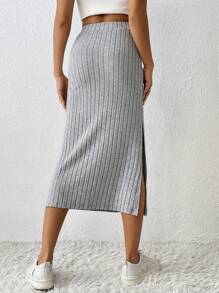 SHEIN PETITE 高腰高衩半身裙 - 灰色 - 查看 2