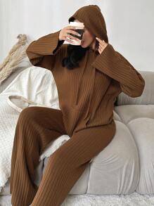 EURMUSE Kangaroo Pocket Drop Shoulder Drawstring Hooded Sweater & Knit Pants - Camel - View 1