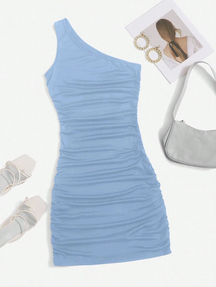 Roamenne Roamenne Vestido ajustado de un hombro fruncido - Neblina azul - Ver 1
