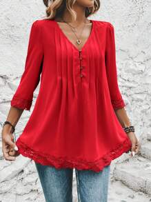 SHEIN Clasi Contrast Lace Fold Pleated Detail Plicated Detail Plicated Detail Blouse - Red - View 3