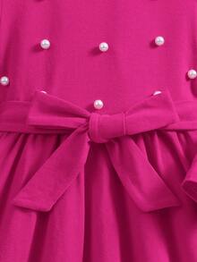 少女復古玫紅色長袖鑲珠腰帶圓領裙 - 玫紅色 - 查看 6