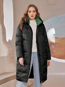 Astrid Plus Flap Pocket Hooded Padded Coat - Black - View 1