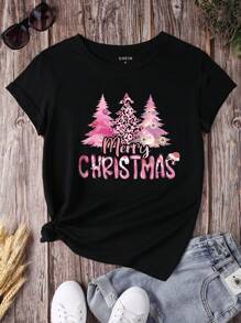 INAWLY 圣诞印花 T 恤 图案 T 恤 女式上衣 - 黑色 - 查看 1