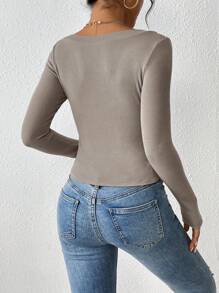SHEIN PETITE Nút Nửa Đồ đan Ribbed Áo thun - Xám - Xem 2