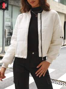 SHEIN LUNE Abrigo acolchado con hombros caídos y dobladillo con cordón para el invierno - Beis - Ver 6