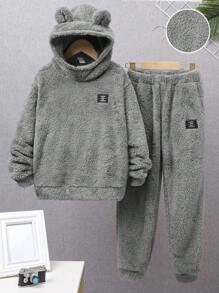 SHEIN Tween Boy Letter Patched 3D Ear Design Flannel Hoodie & Pants - Grey - View 1