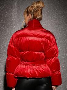 SHEIN SXY Drop Shoulder Self Buckle Belt Padded Coat - Red - View 2