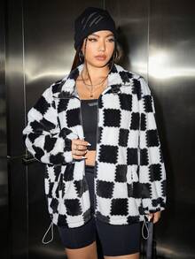 SHEIN Coolane Plus Checker Print Embroidery Letter Drop Shoulder Flannelette Jacket - Black and White - View 4