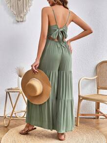 SHEIN VCAY Contrast Lace Ruffle Hem Cami Jumpsuit - Green - View 2