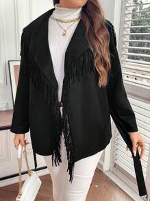 SHEIN Clasi 大碼流蘇邊大翻領腰帶外套 - 黑色 - 查看 3