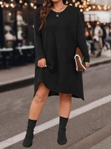 Calvaya Plus Solid Drop Shoulder Sweater Dress Without Belt - Black - View 1