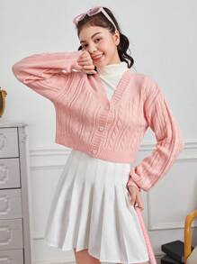 青少年女孩麻花編織落肩袖開襟衫 - 粉色 - 查看 4