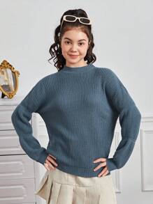 Teen Girl Solid Drop Shoulder Virago Sleeve Sweater - Dusty Blue - View 1