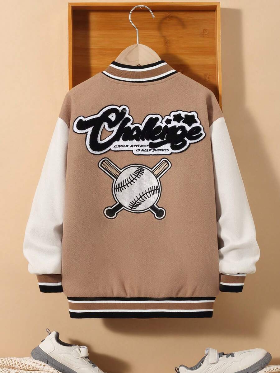 SHEIN Tween Boy Letter Patched Striped Trim Drop Shoulder Overcoat - Camel - View 1