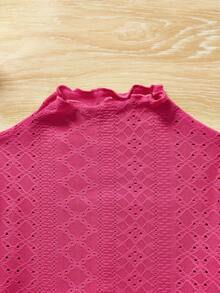 SHEIN Tween Girl Solid Lettuce Trim Mock Neck Tee - Hot Pink - View 3