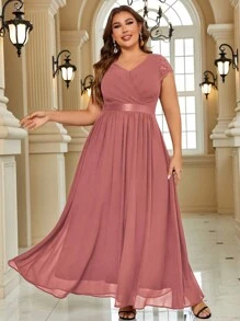 Plus Size Chiffon Lace Sleeve Ribbon Waist Evening Party Dress - Dusty Pink - View 1