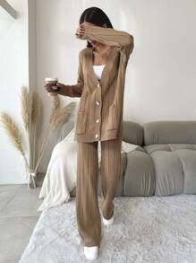 EURMUSE Drop Shoulder Cardigan & Knit Pants - Bronze - View 4