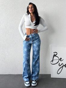 SHEIN Cottnline 女性星形圖案直筒牛仔褲 - 中等水洗藍 - 查看 1