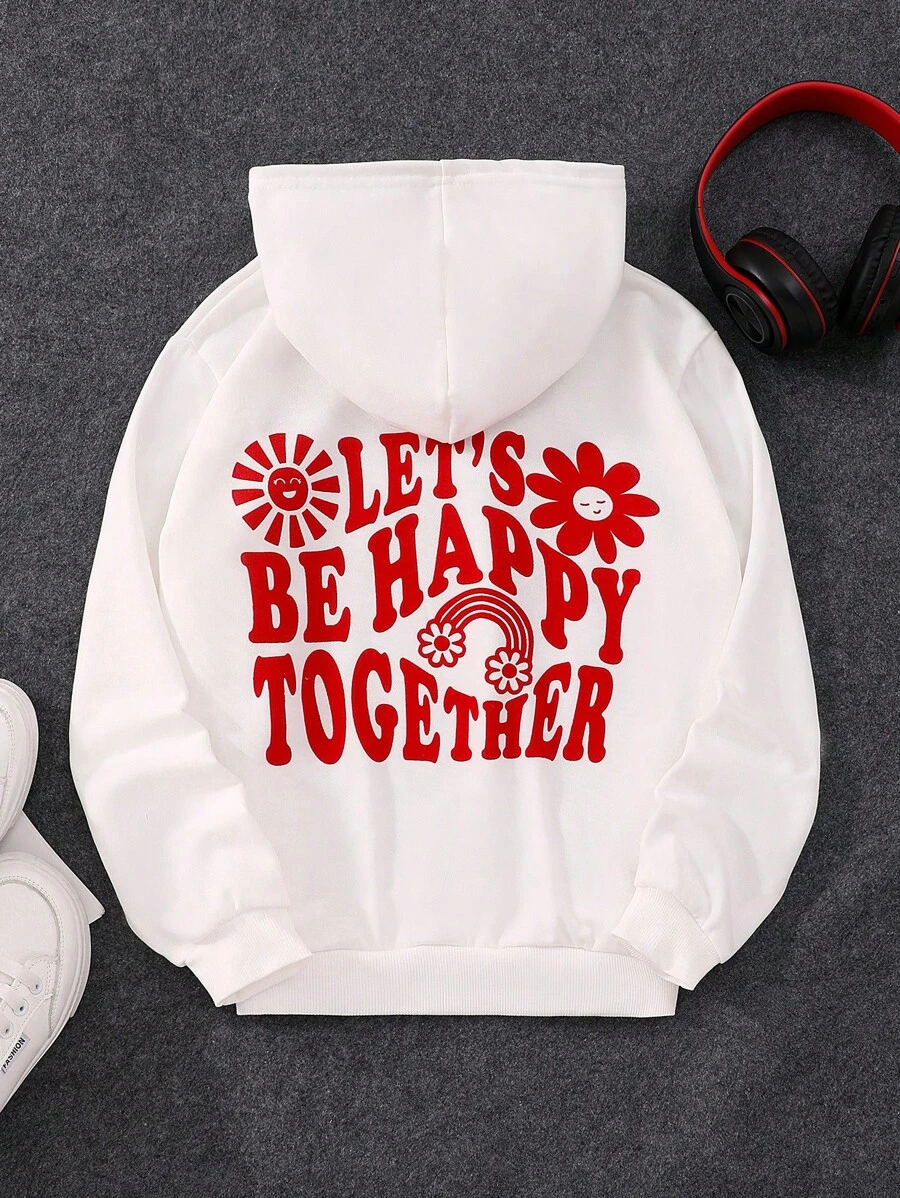 SHEIN Áo nỉ in hình hoạt hình và khẩu hiệu dành cho bé gái tuổi teen - trắng - Xem 1
