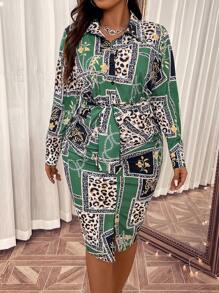 SHEIN Clasi Hơn In Da báo & Dây chuyền Thắt lưng Váy sơ mi - Nhiều màu - Xem 5