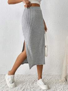 SHEIN PETITE 高腰高衩半身裙 - 灰色 - 查看 1