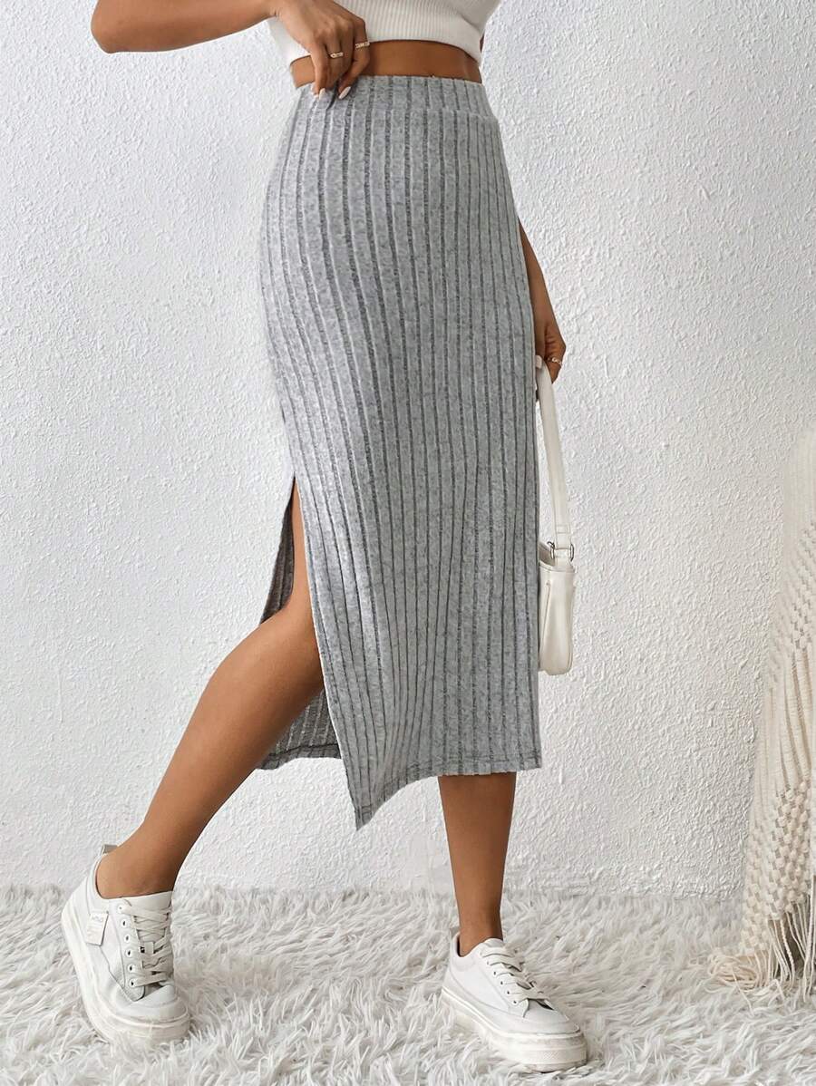 SHEIN PETITE 高腰高衩半身裙 - 灰色 - 查看 1