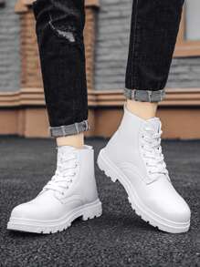 Men Lace-up Front Combat Boots, Minimalist White Boots - White - View 3