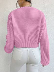 Chiquease V Neck Drop Shoulder Ribbed Knit Pullover Fall Winter Sweater - Pink - View 2