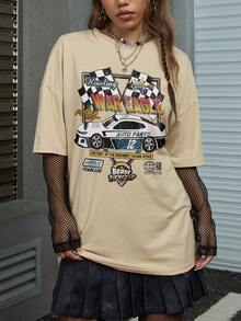 ROMWE Street Life Women's Car & Letter Print Drop Shoulder T-shirt - Apricot - View 3