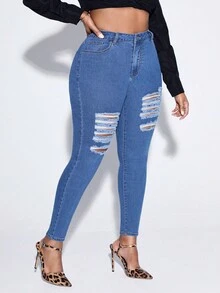 SHEIN EZwear Talla grande Jeans ajustados desgarro con cremallera - Azul lavado medio - Ver 3