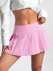 SHEIN Unity 素色百褶下擺迷你半身裙 - 粉色 - 查看 1