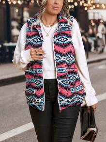 EMERY ROSE Plus Geo Print Zip Up Vest Padded Padded Coat Clothes Winter - Multicolor - View 5