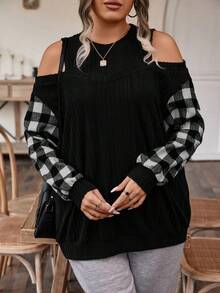 SHEIN LUNE Plus Contrast Gingham Print Cold Shoulder Sweatshirt - Multicolor - View 4