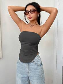 SHEIN PETITE 素色褶邊弧形下擺抹胸上衣 - 灰色 - 查看 3